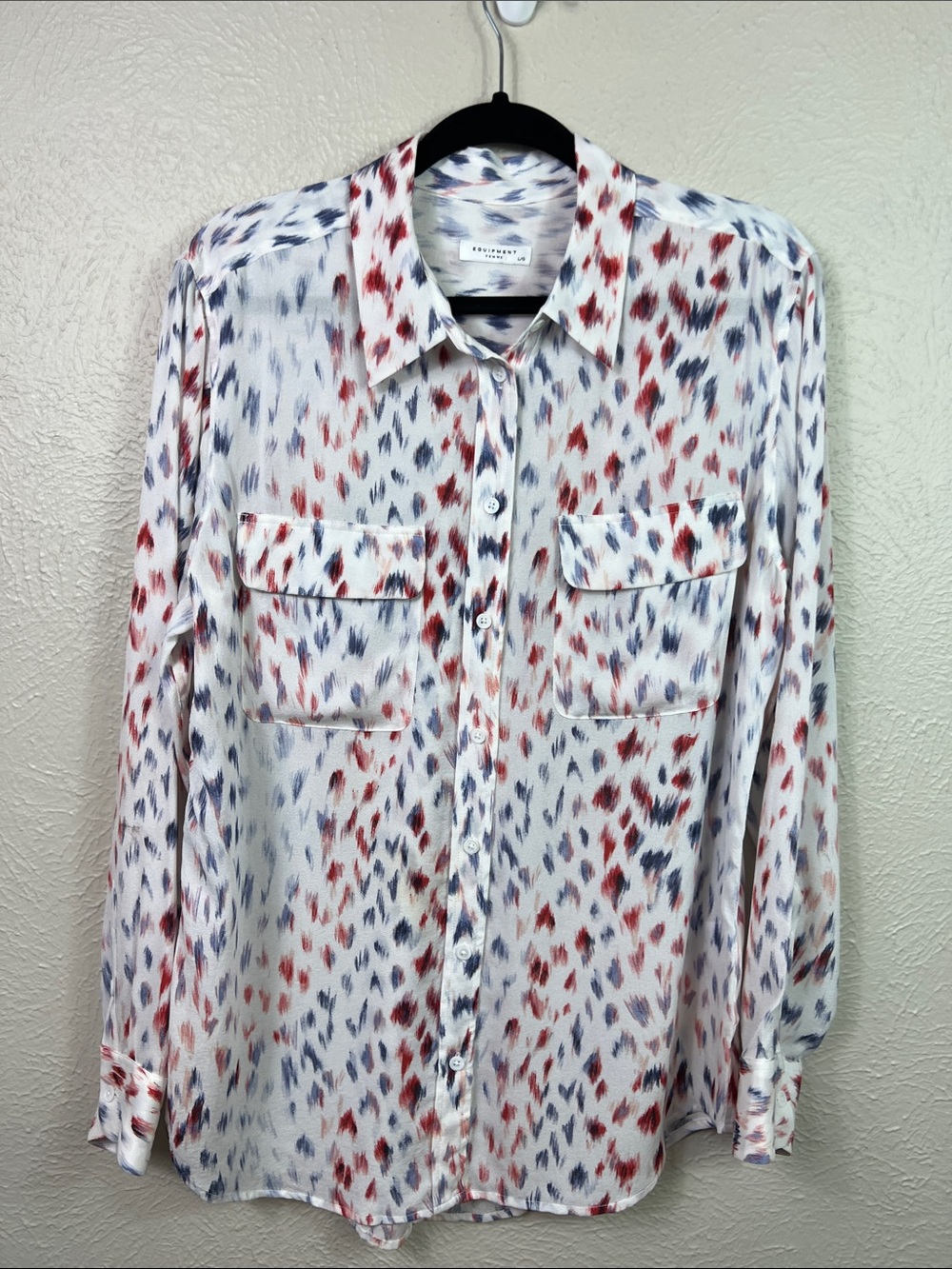 Equipment Silk Red White Blue Watercolor Allover Print Long Sleeve Blouse Large